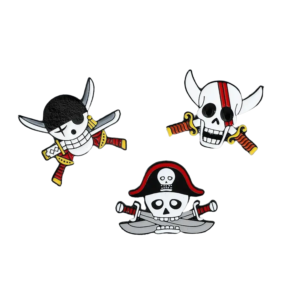 Three colorful enamel pirate-themed pins featuring skull and crossbones with swords including a red cartoon character pin