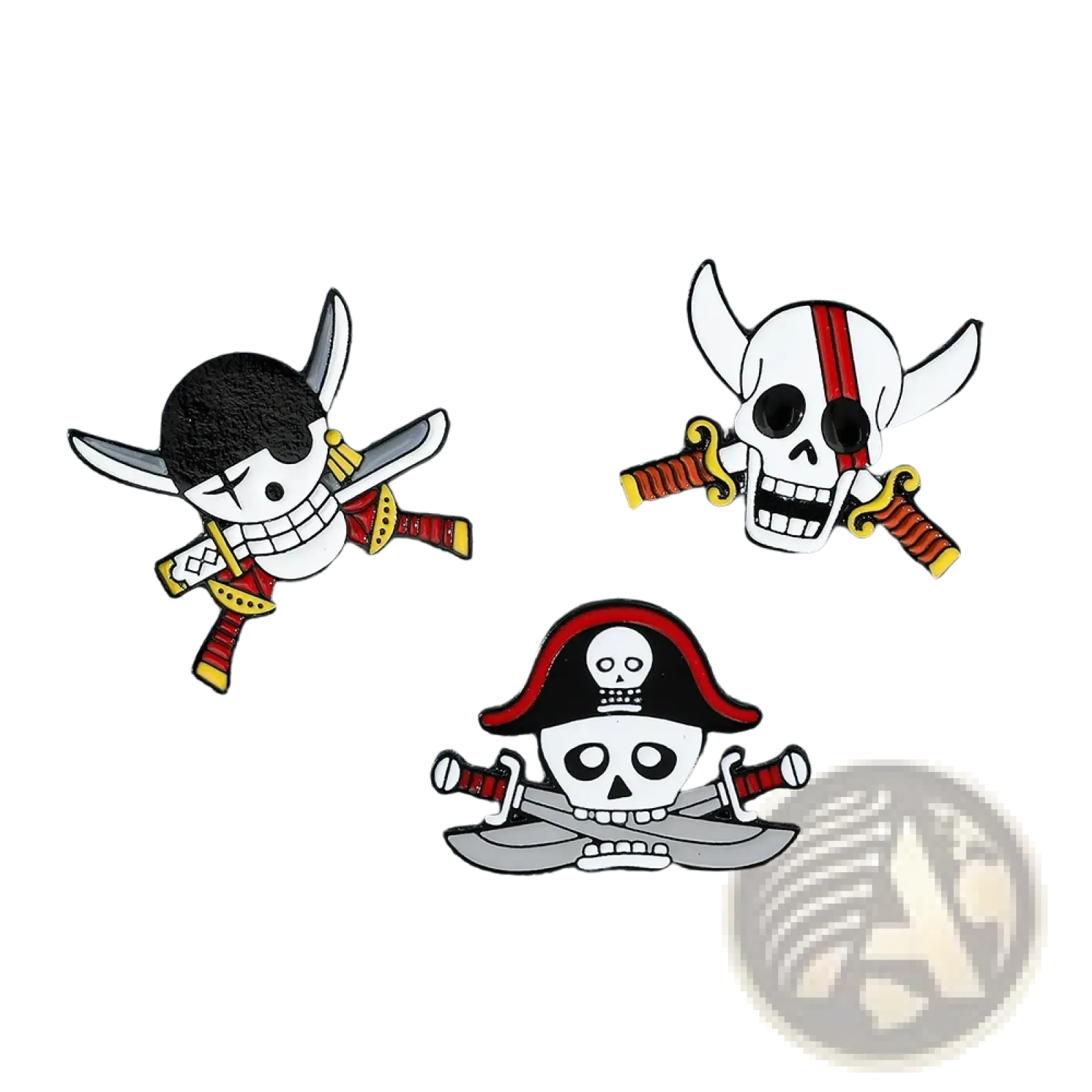 Three colorful enamel pirate-themed pins featuring skull and crossbones with swords including a red cartoon character pin
