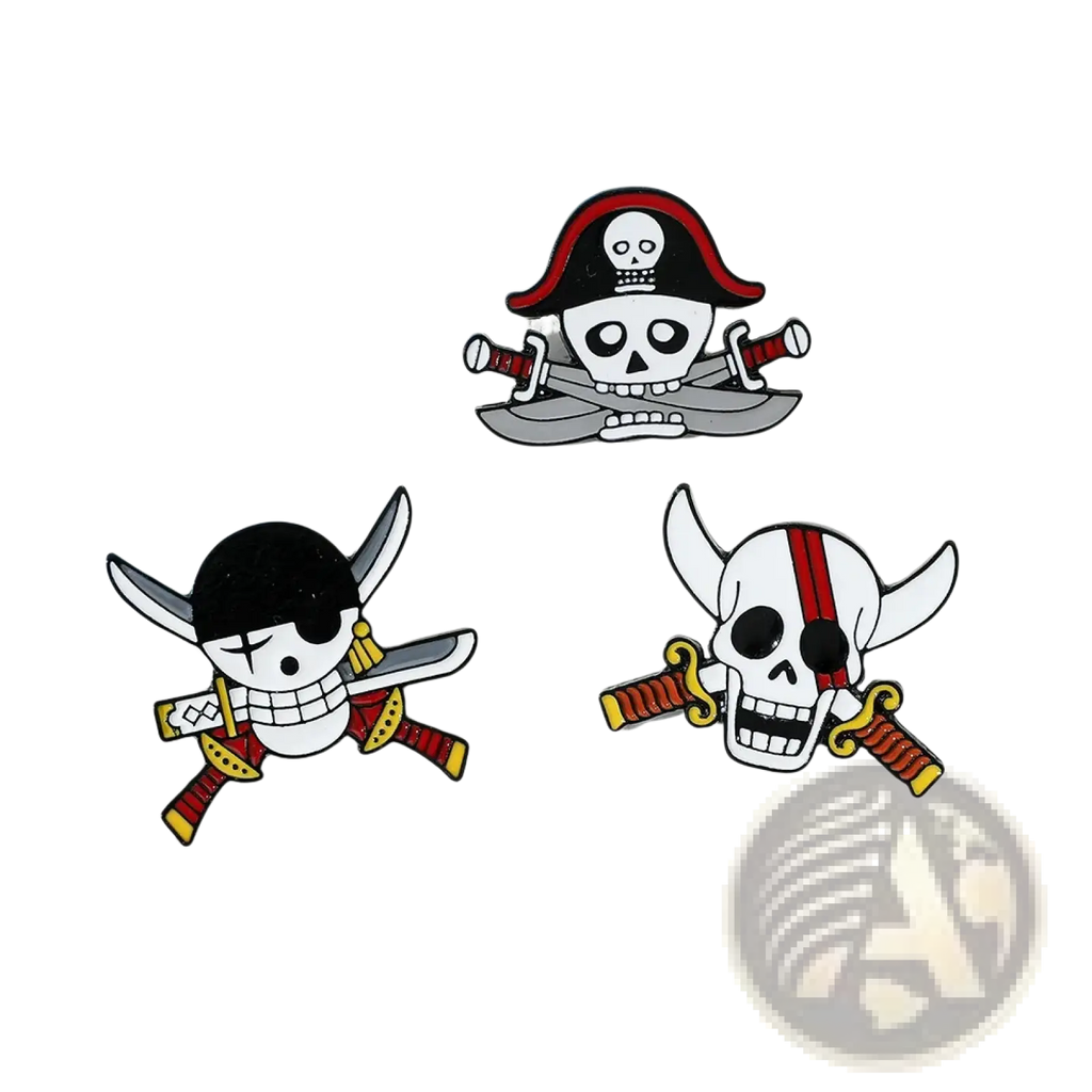 Three colorful enamel pirate-themed pin badges featuring skull and crossbones designs in a pirate brooch set