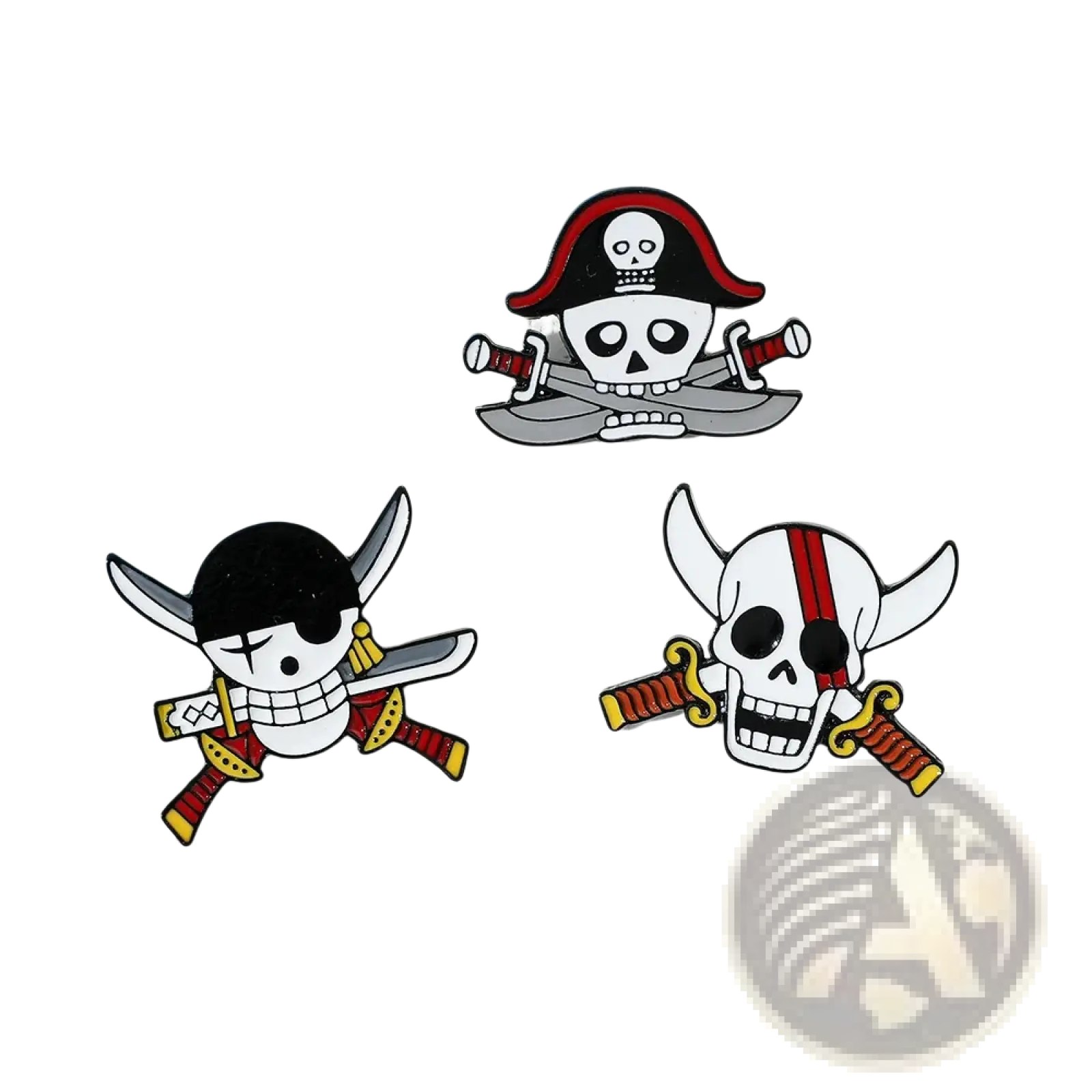 Three colorful enamel pirate-themed pin badges featuring skull and crossbones designs in a pirate brooch set