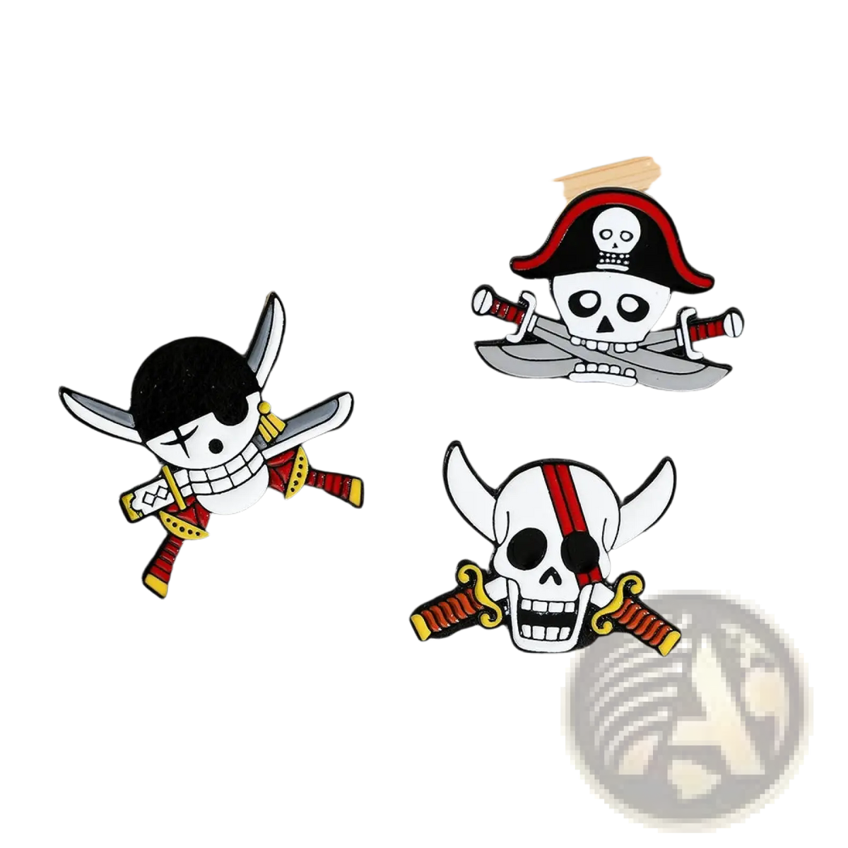 Three pirate enamel pin badges featuring skulls crossed swords and a cartoon character in red and yellow attire