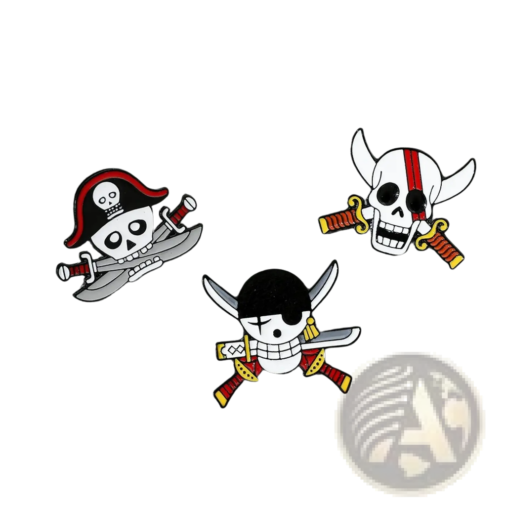 Three enamel pirate-themed pin badges featuring colorful skull and crossbones designs in a pirate enamel pin set