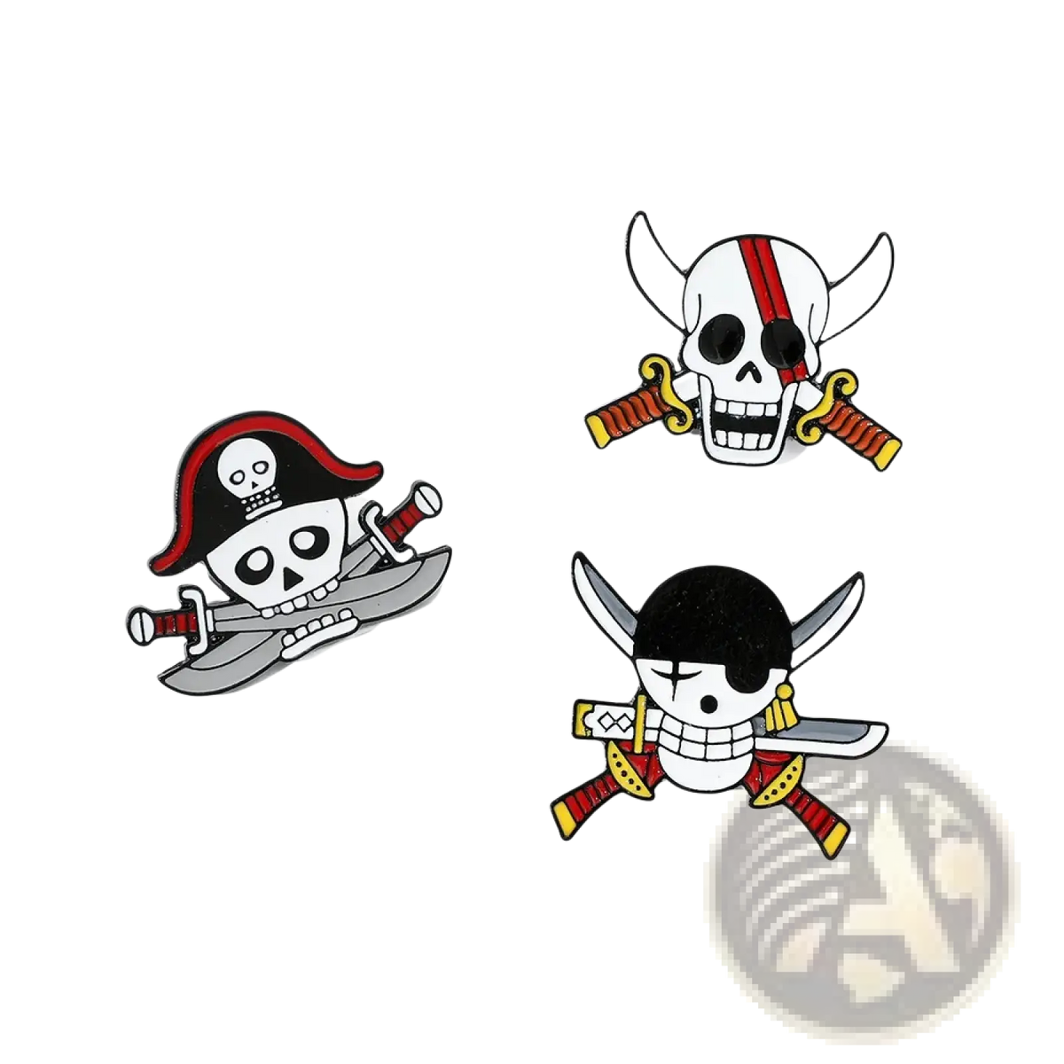 Set of three pirate enamel pin skull brooch badges featuring crossed swords in red black white silver gold and yellow