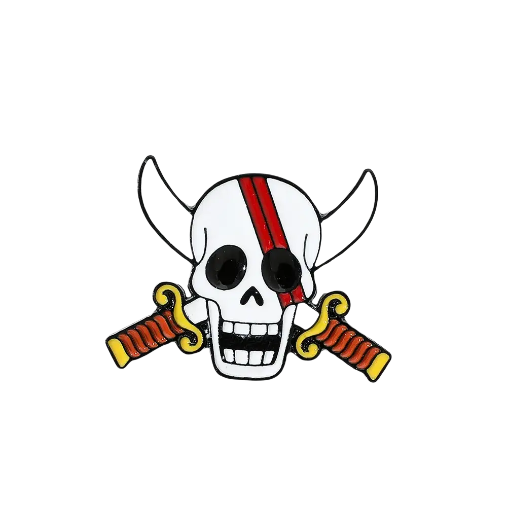 White enamel pin featuring a skull with viking horns crossed swords and a red stripe from pirate enamel pin set skull brooch badges