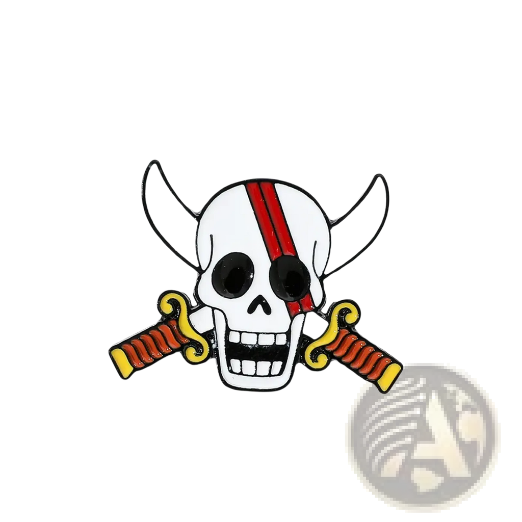 White enamel pin featuring a skull with viking horns crossed swords and a red stripe from pirate enamel pin set skull brooch badges