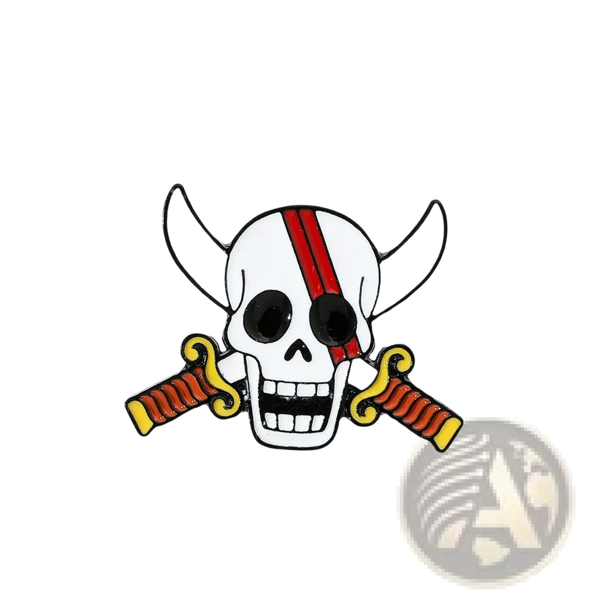 White enamel pin featuring a skull with viking horns crossed swords and a red stripe from pirate enamel pin set skull brooch badges
