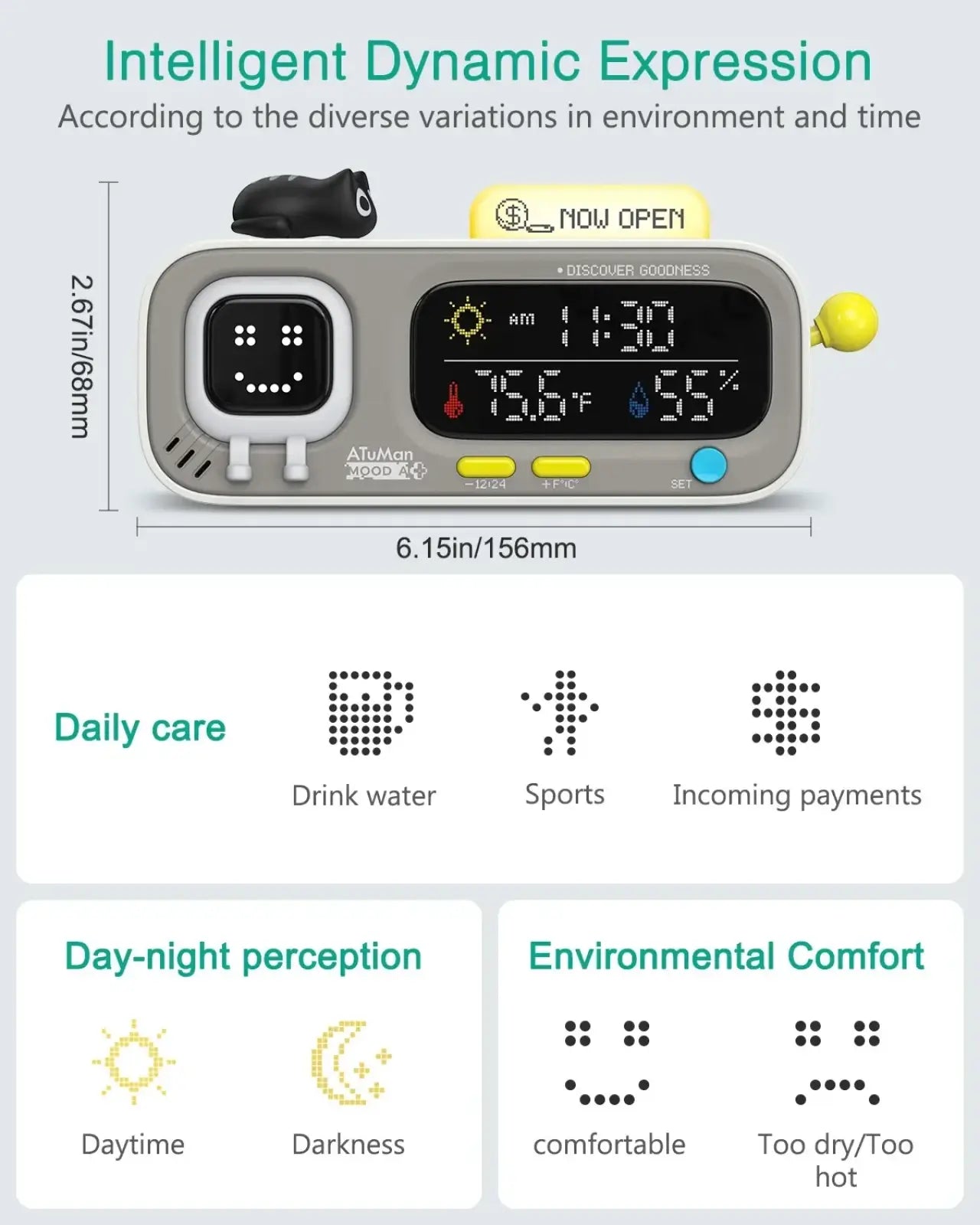 Gray rectangular pixel smart desk clock displaying smiling face with temperature and humidity readings and decorative elements