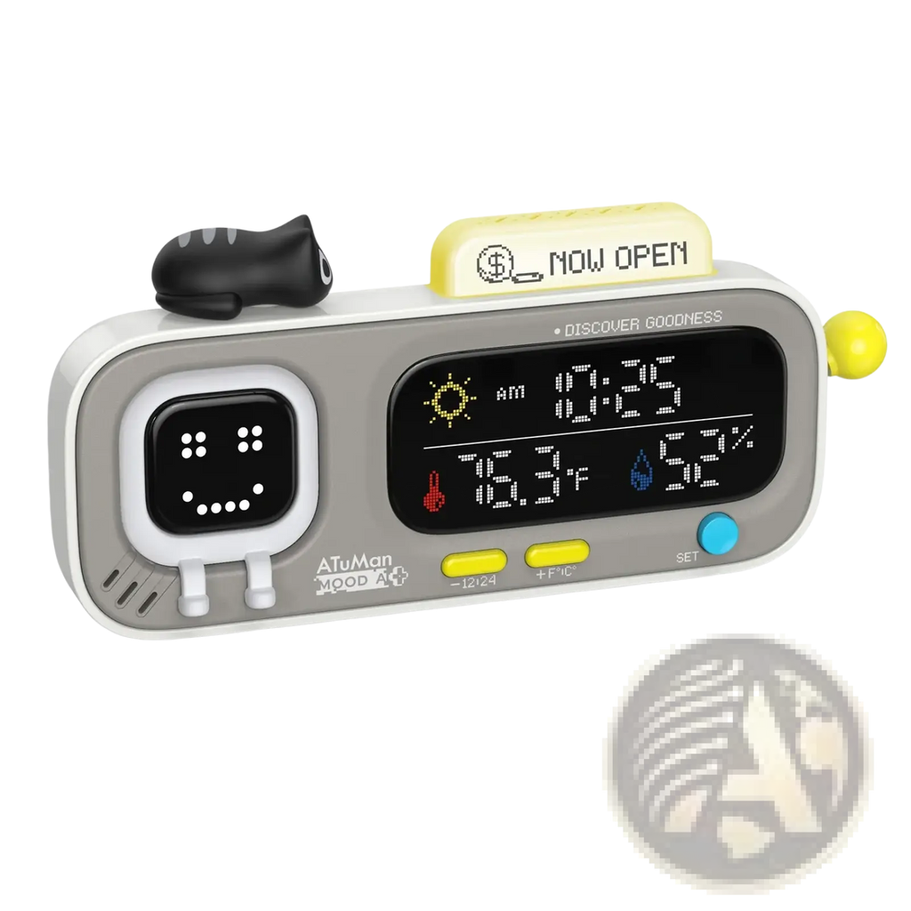 Gray Atuman mood A+ digital Pixel Smart desk clock with yellow buttons, smiling face display, and black cat figurine on top