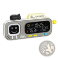 Gray Atuman mood A+ digital Pixel Smart desk clock with yellow buttons, smiling face display, and black cat figurine on top