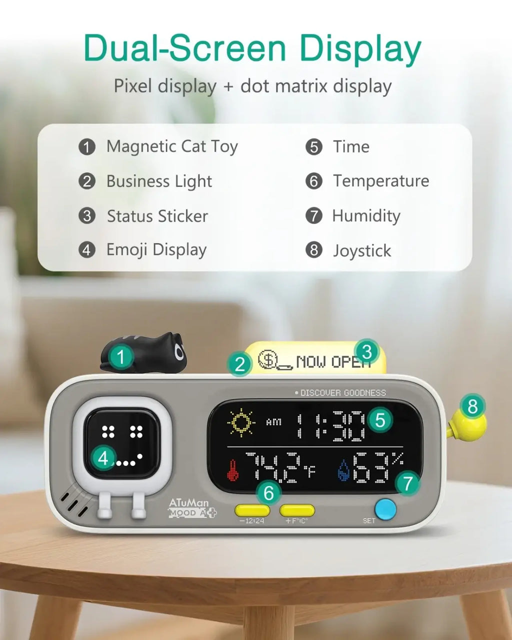 Gray atuman mood a+ dual-screen digital pixel smart desk clock showing time temperature humidity and emoji indicators