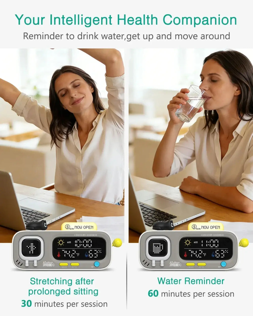 Gray and black pixel smart desk clock with digital display showing time temperature humidity and activity icons