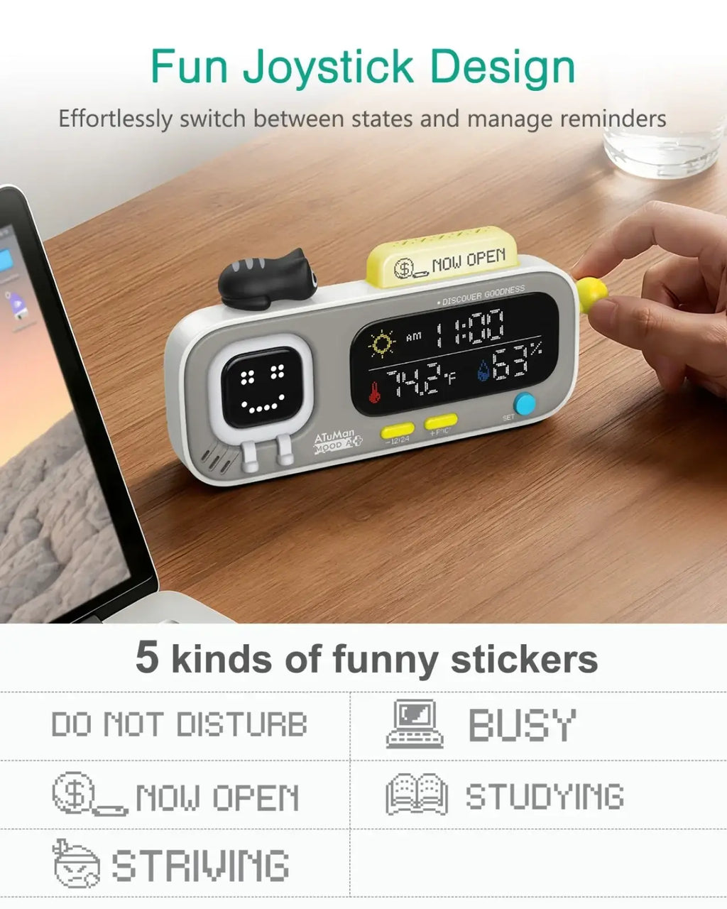 Gray and yellow pixel smart desk clock with joystick design smiling face display and sticker status management options