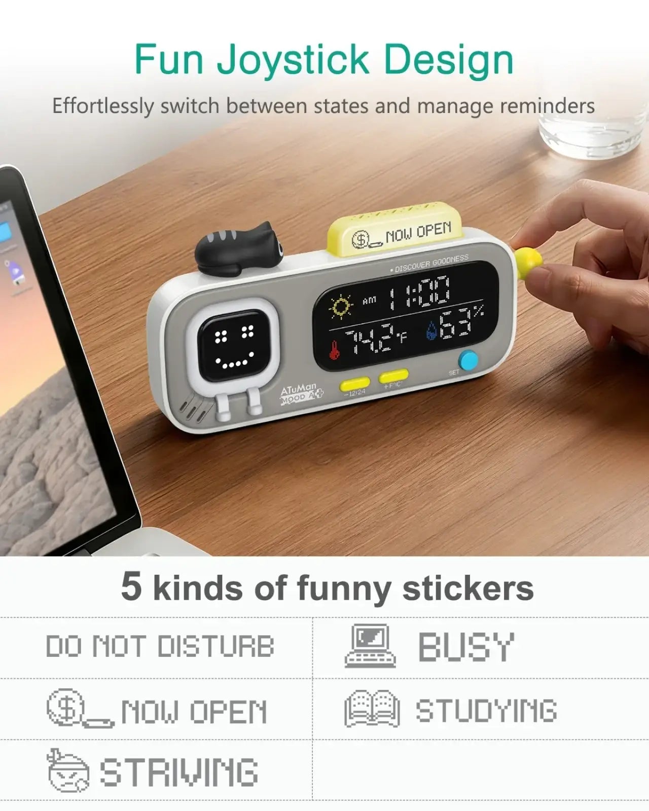 Gray and yellow pixel smart desk clock with joystick design smiling face display and sticker status management options