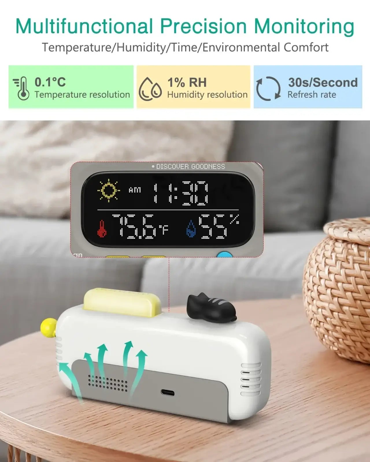 White and gray Pixel Smart Desk Clock precision monitor with digital display showing time temperature humidity and comfort