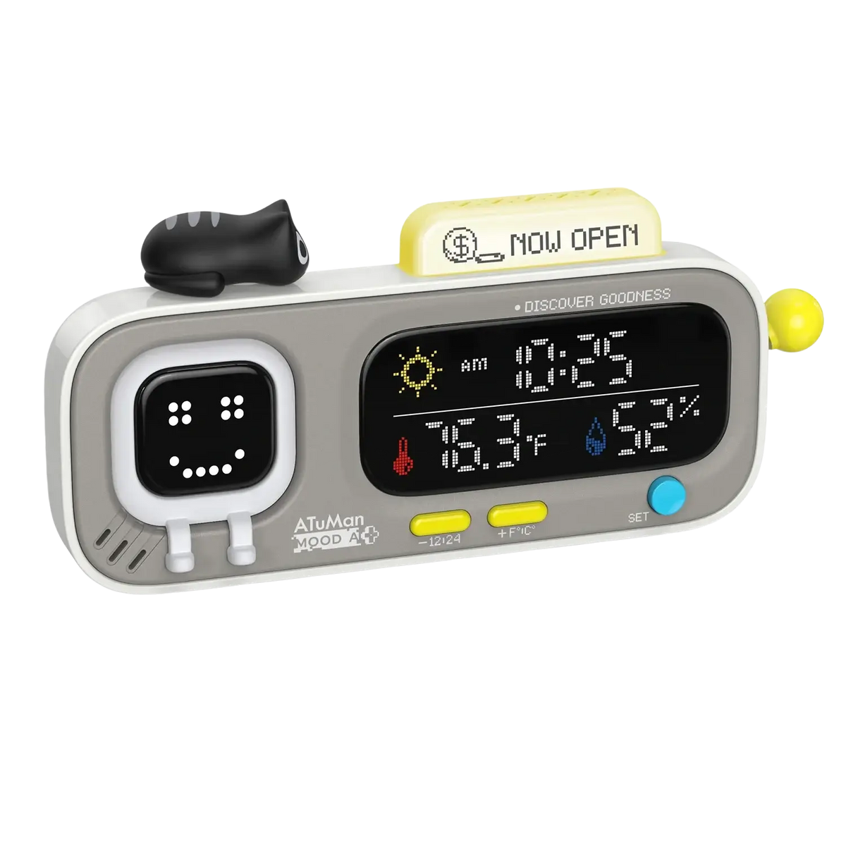 Gray Atuman mood A+ digital Pixel Smart desk clock with yellow buttons, smiling face display, and black cat figurine on top