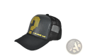 Black trucker hat featuring a pixelated yellow question mark and by change come text on the front panel