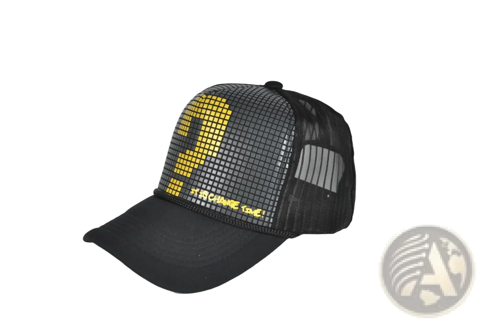 Black trucker hat featuring a pixelated yellow question mark and by change come text on the front panel