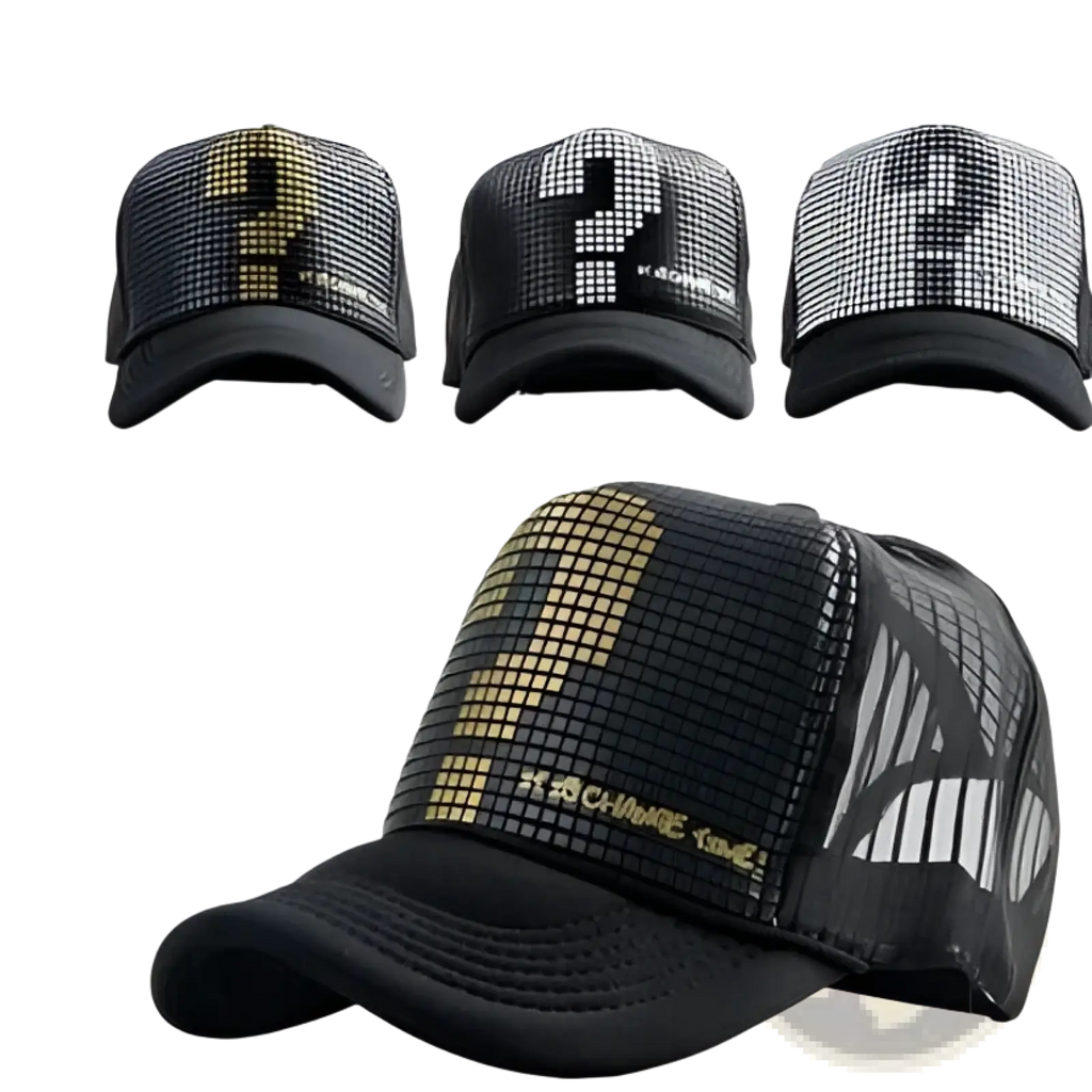 Black trucker hat with pixelated gold question mark design and white mesh back showing the back side of the hat