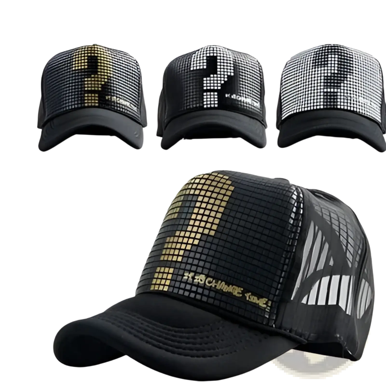 Black trucker hat with pixelated gold question mark design and white mesh back showing the back side of the hat