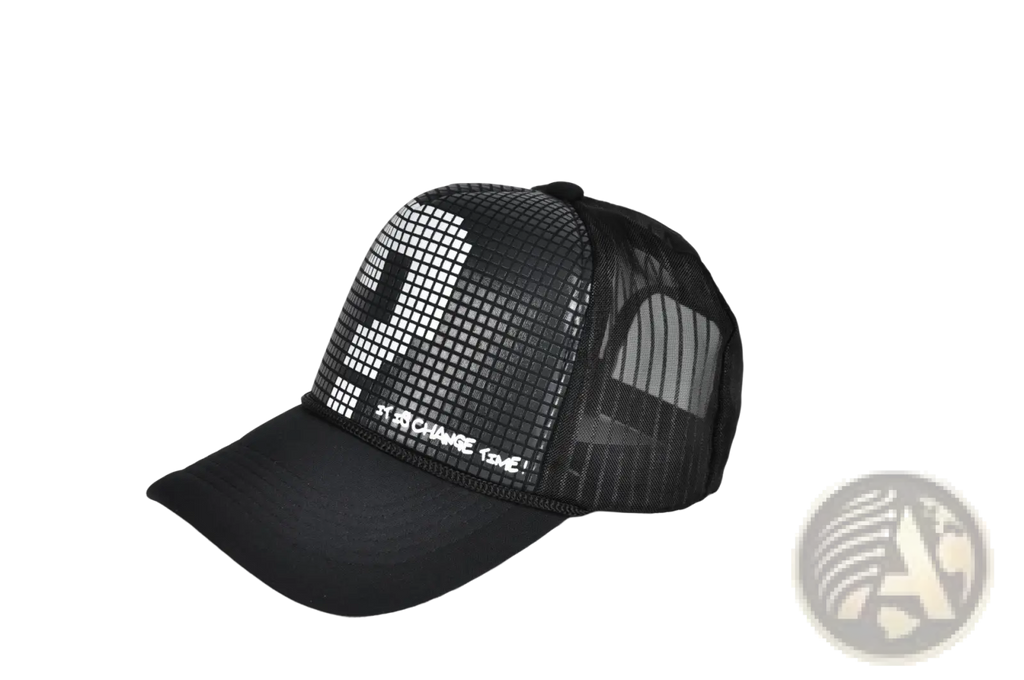 Black mesh trucker hat featuring a bold white pixelated question mark on the front panel
