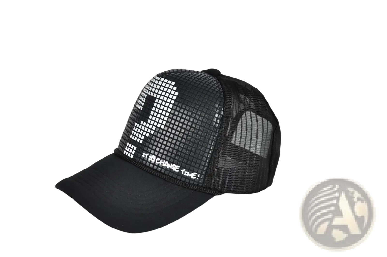 Black mesh trucker hat featuring a bold white pixelated question mark on the front panel