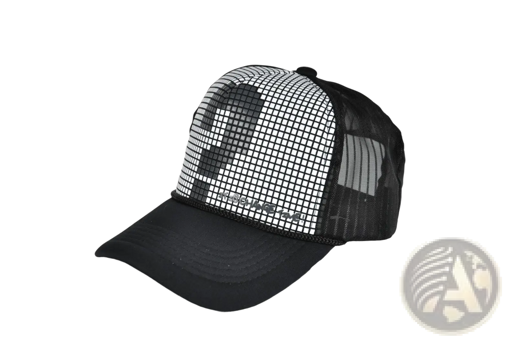 Black trucker hat with white mesh front panel featuring pixelated question mark design and someone printed below