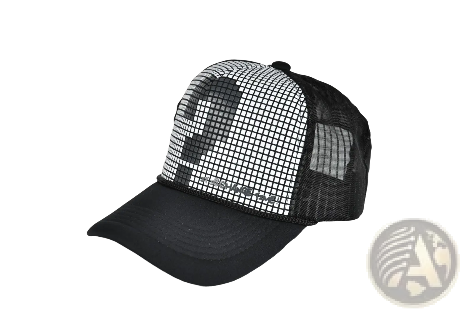 Black trucker hat with white mesh front panel featuring pixelated question mark design and someone printed below