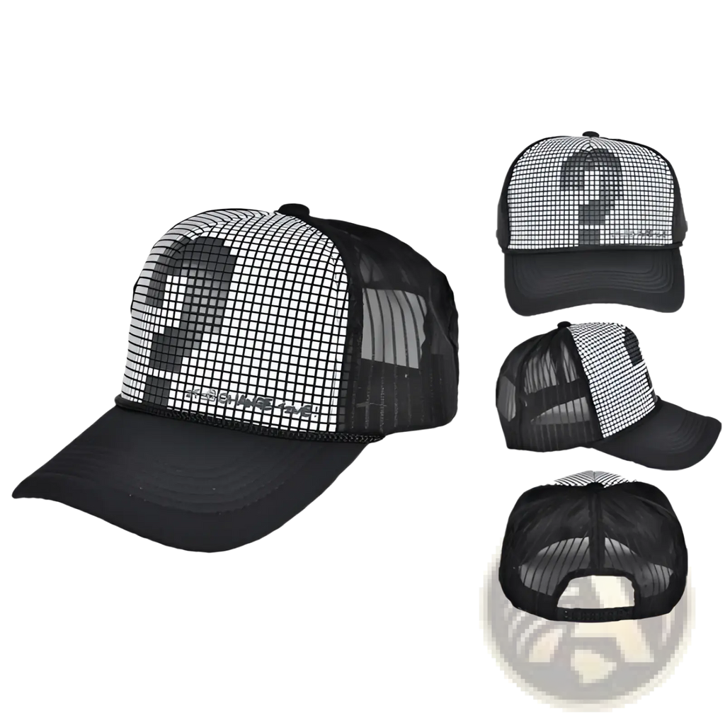 Black and white mesh trucker hat with bold pixelated question mark design on front panel