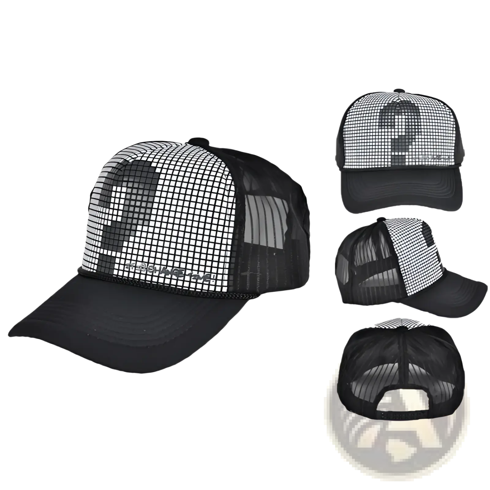 Black and white mesh trucker hat with bold pixelated question mark design on front panel