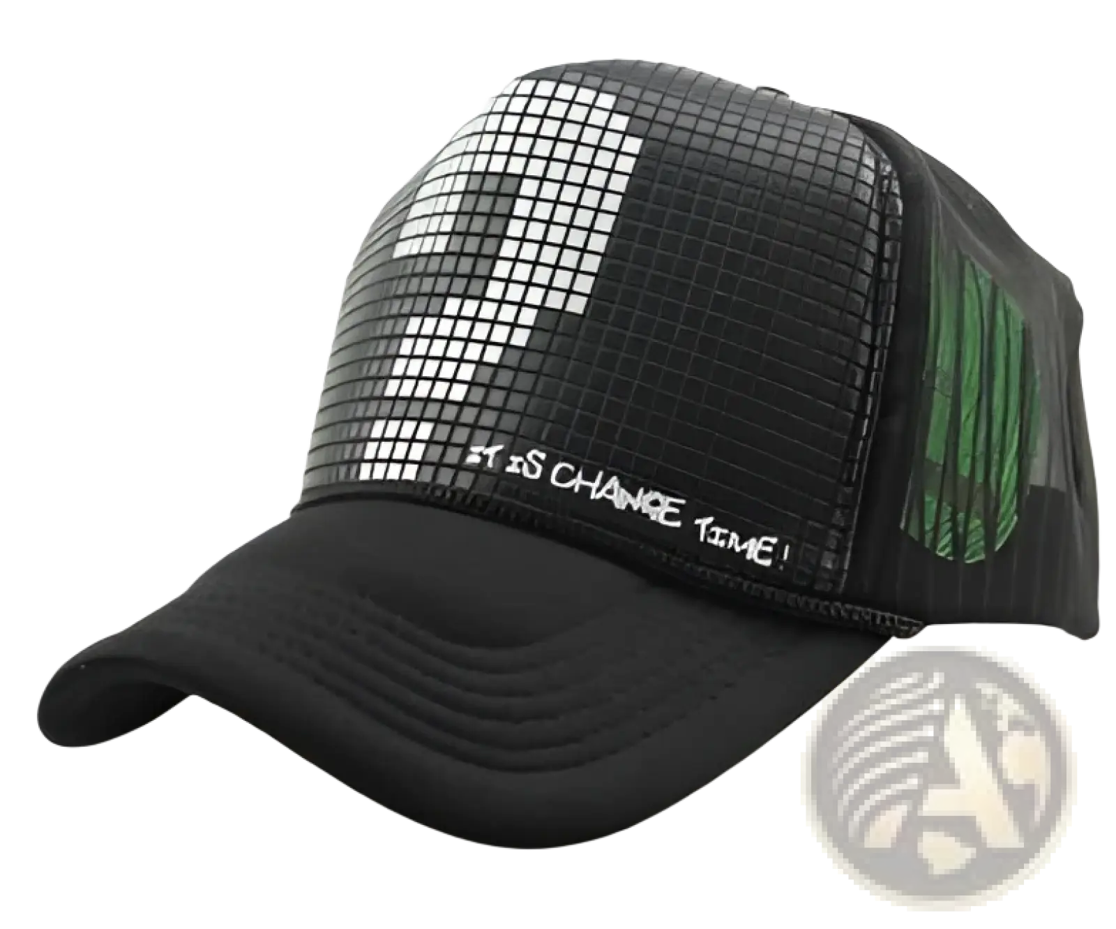Black mesh trucker hat with shiny silver and green pixelated question mark design on front panel in black and white