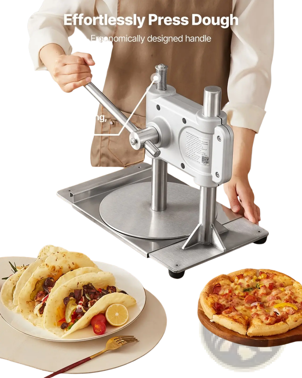 Silver stainless steel pizza dough press machine 9.5 inch with ergonomic handle and high strength spring mechanism