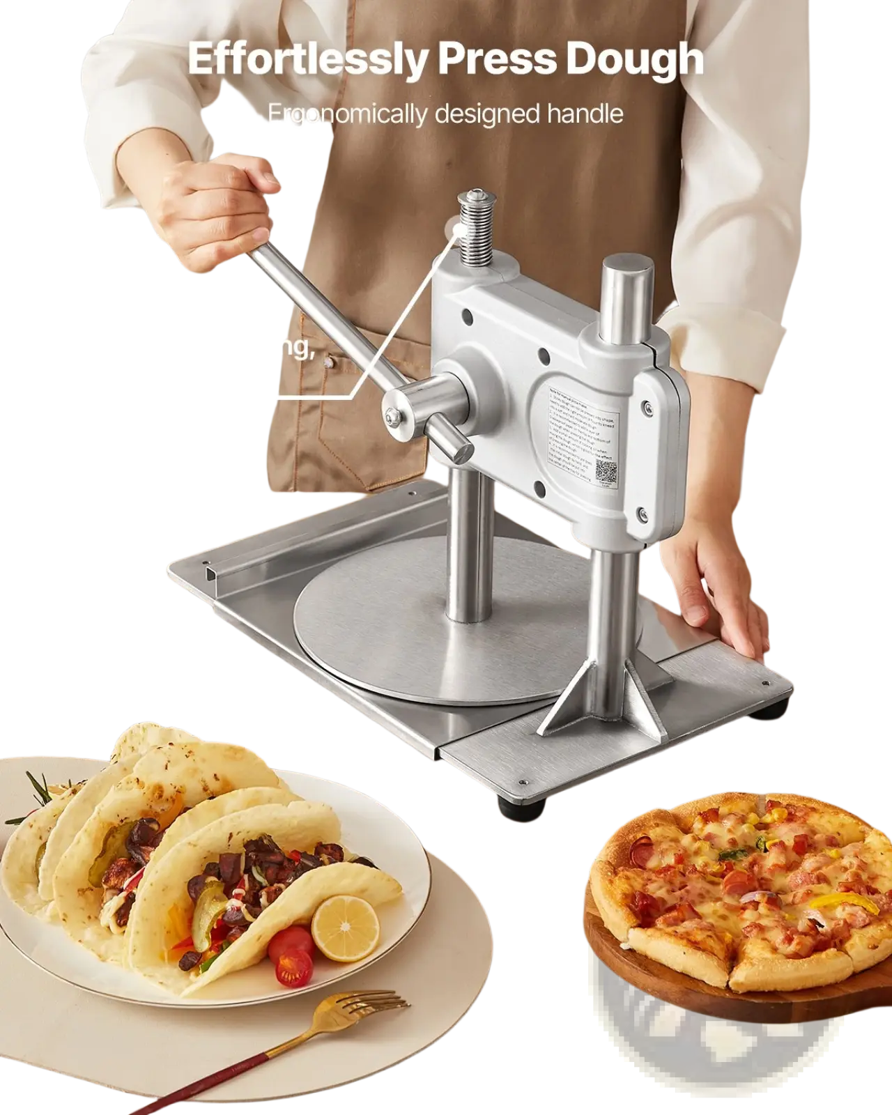 Silver stainless steel pizza dough press machine 9.5 inch with ergonomic handle and high strength spring mechanism