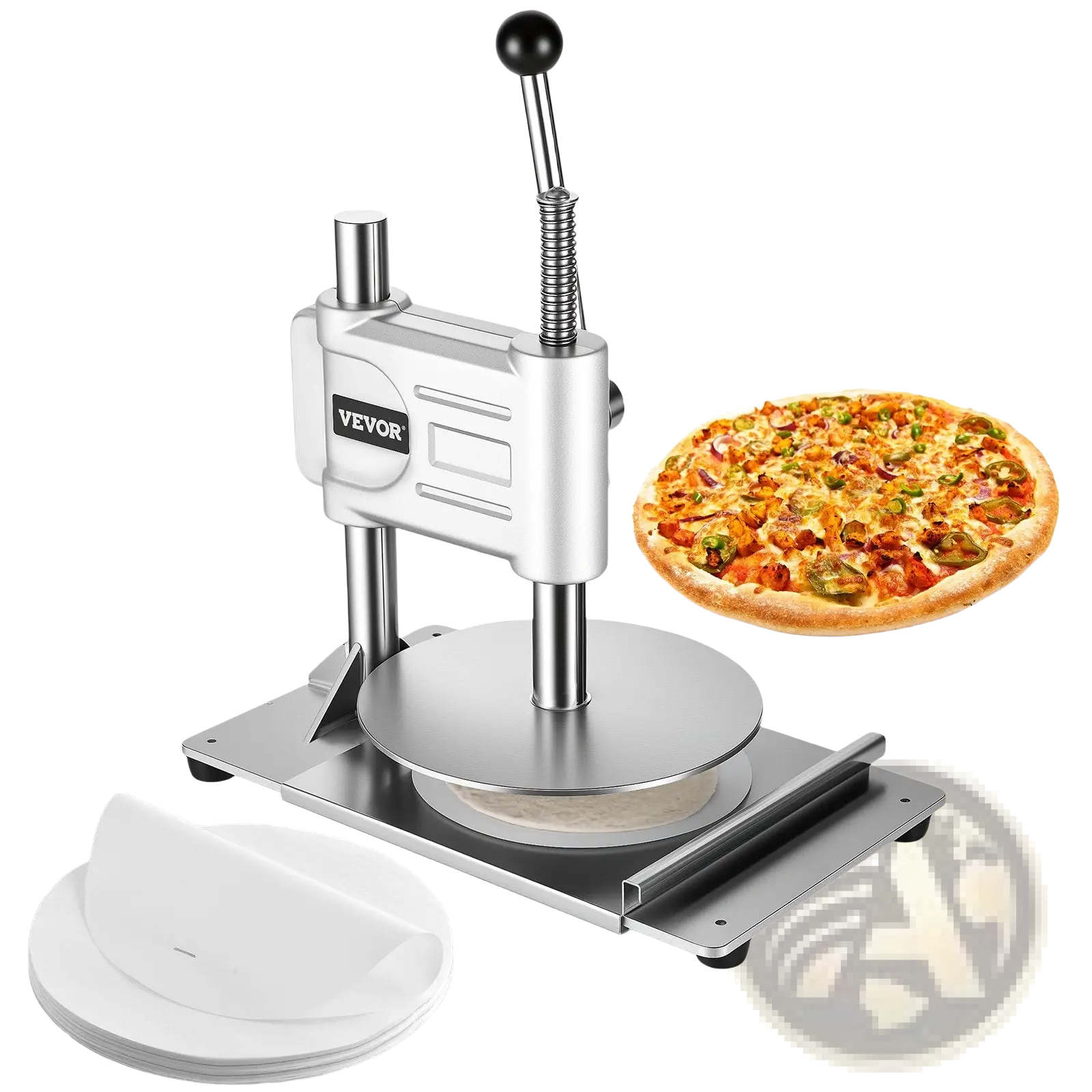 Silver stainless steel vevor pizza dough press machine 9.5 inch manual sheeter with black handle and circular plate