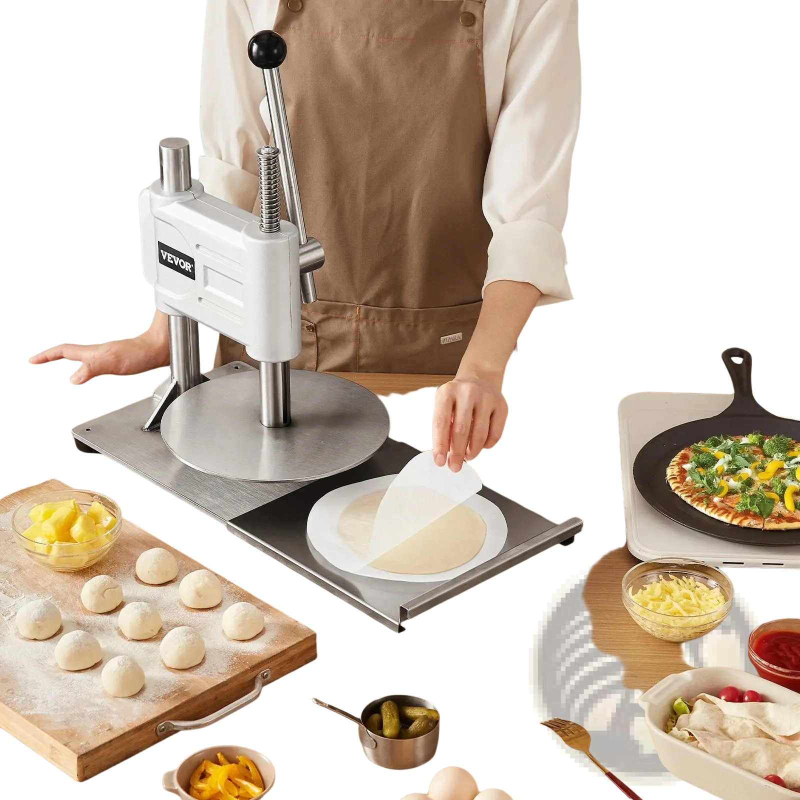 White and stainless steel yevor pizza dough press machine 9.5 inch manual sheeter with black handle for dough pressing