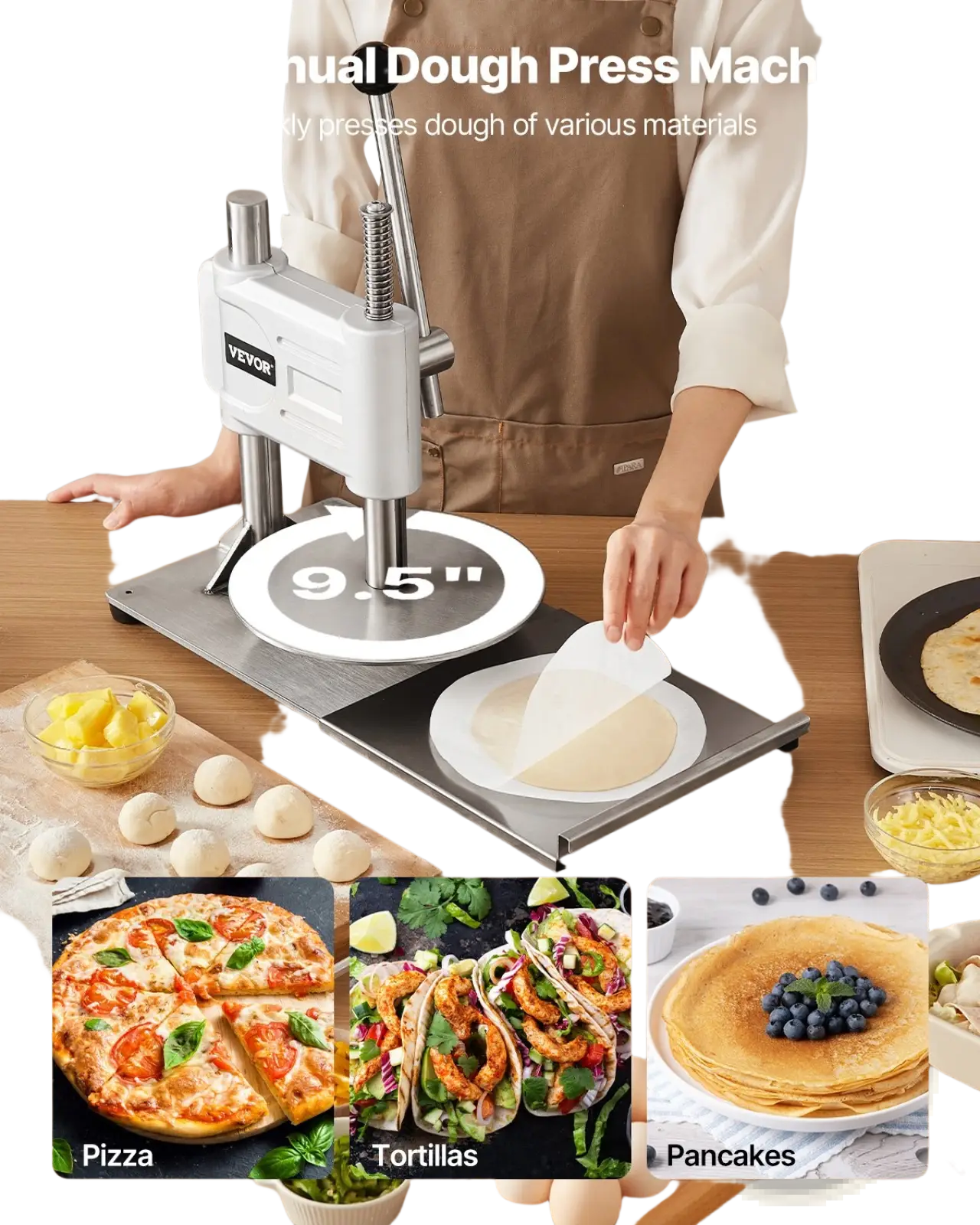 White and silver 9.5 inch manual pizza dough press machine with sturdy metal base and handle for flat dough shapes