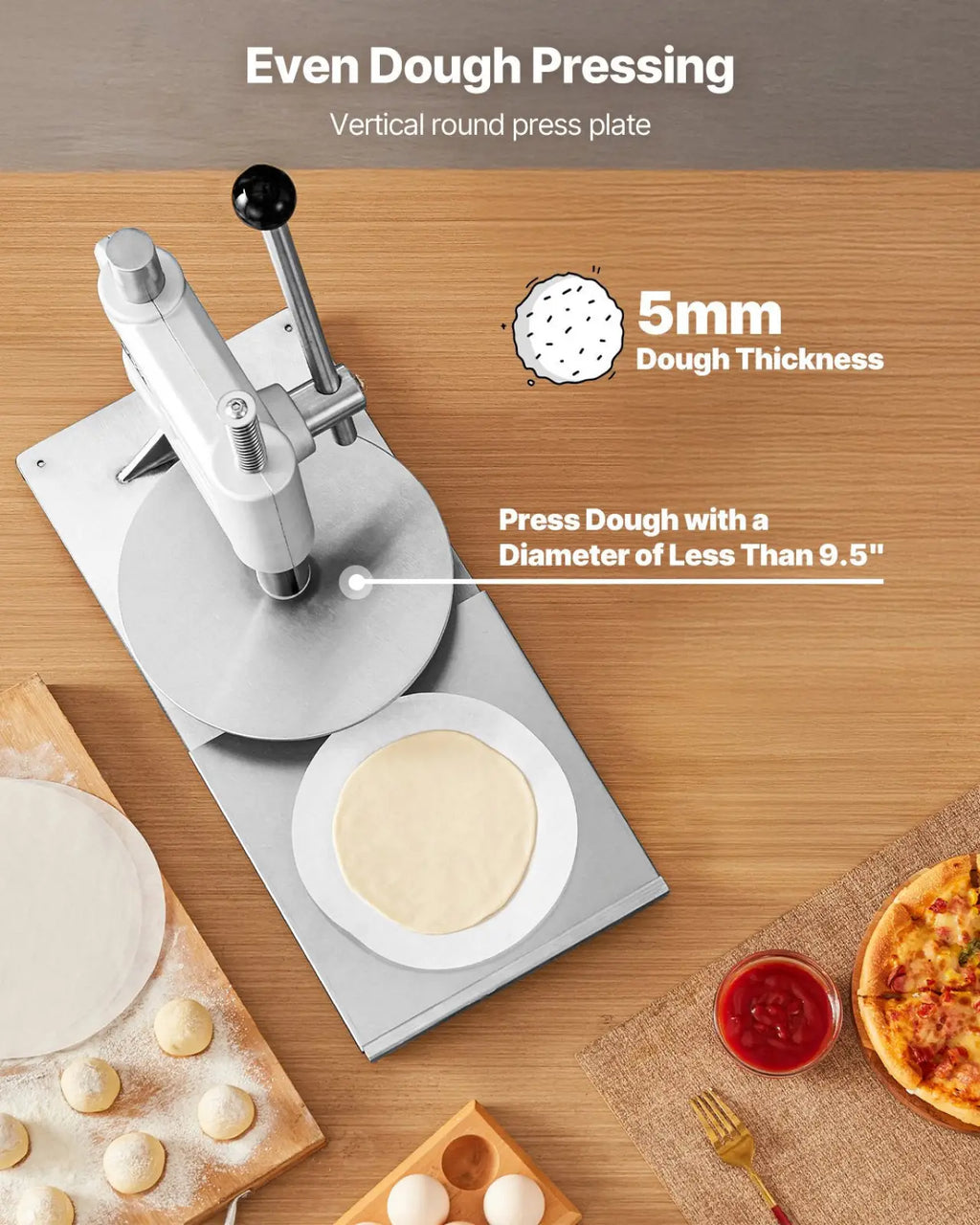 Silver vertical round pizza dough press machine with black handle and adjustable 5mm thickness for flatbread sheeting