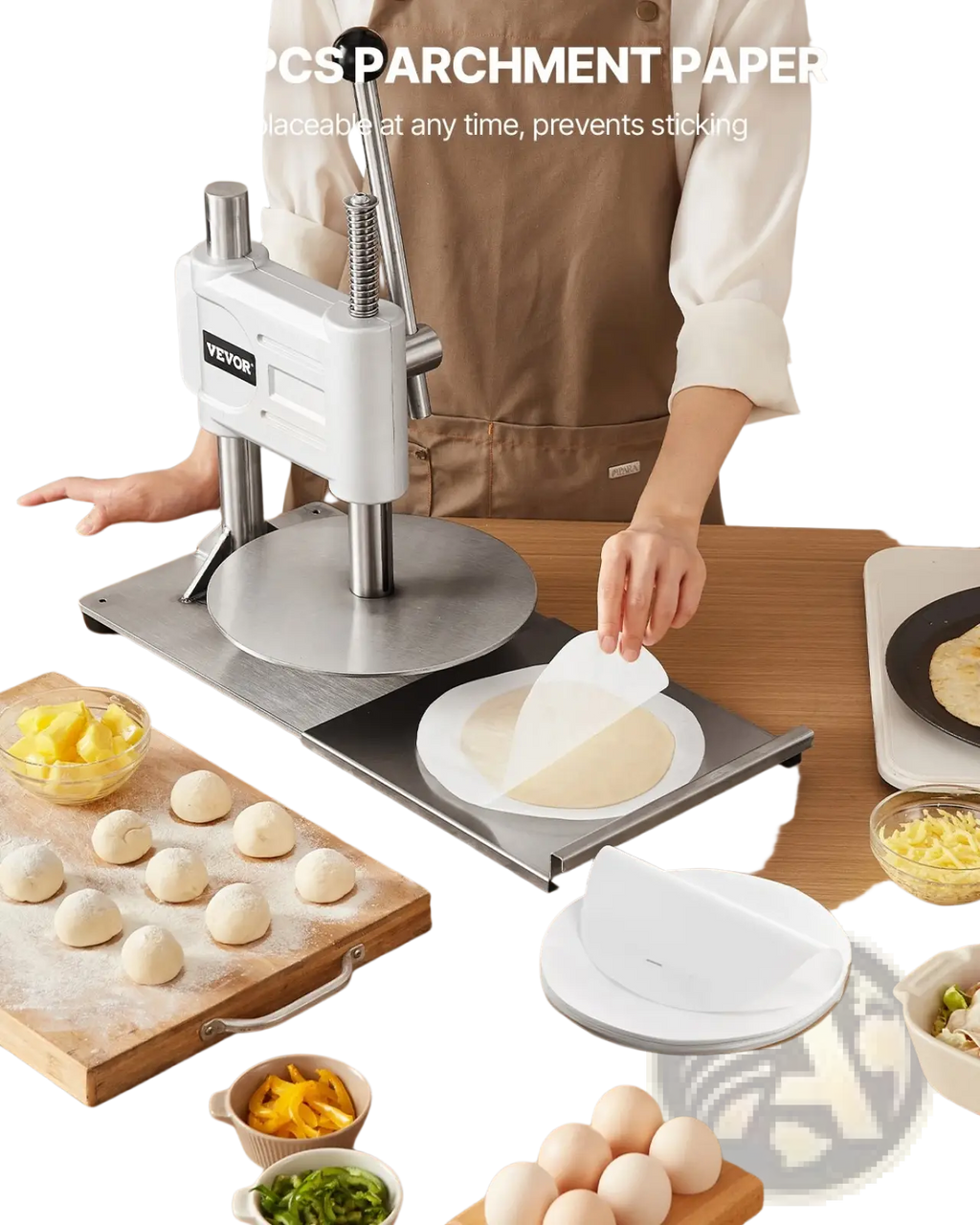 White and silver Yevor manual pizza dough press machine with a circular metal base for even flattening of dough balls