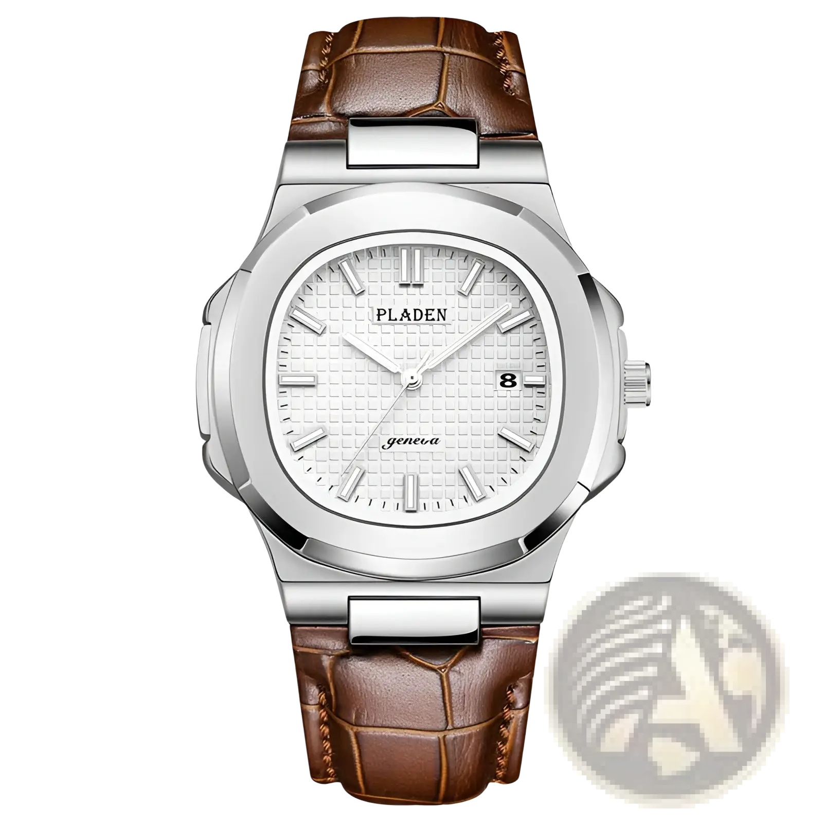 Silver-toned pladen men’s luxury waterproof quartz watch with white textured dial and brown crocodile leather strap