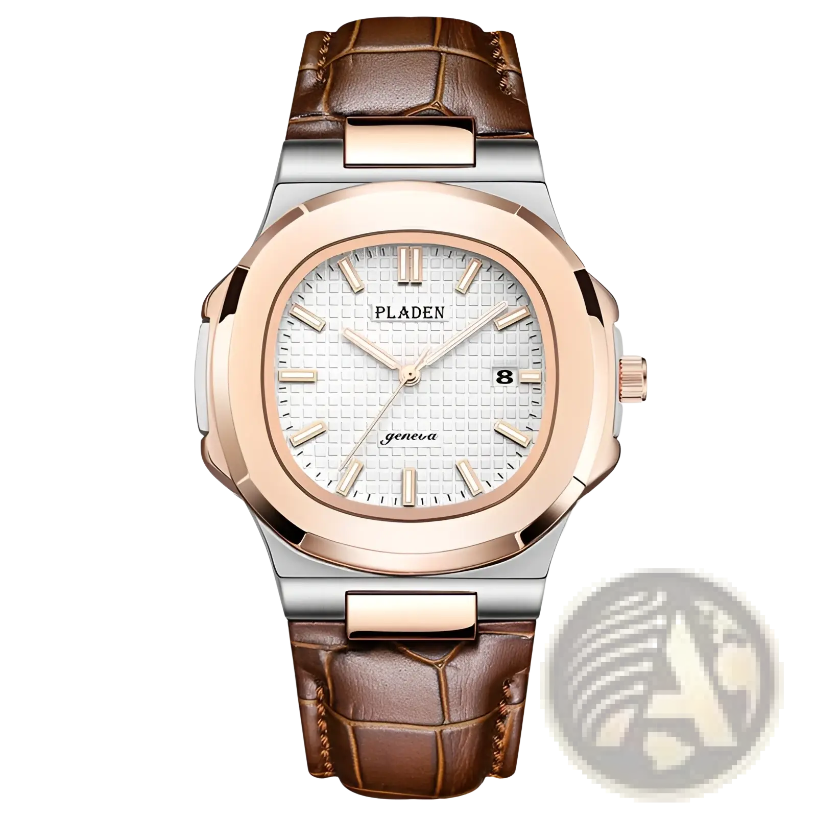 Pladen men’s luxury waterproof quartz watch with rose gold silver case white textured dial and brown leather strap