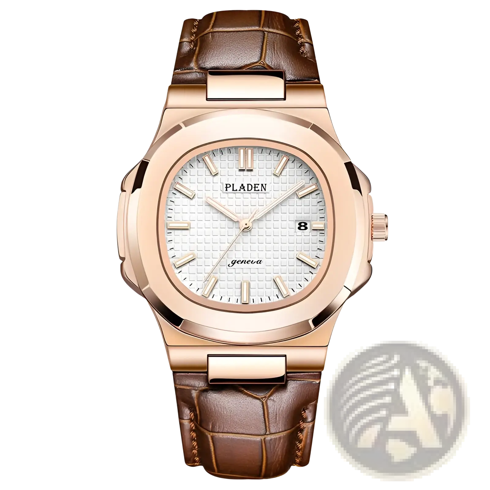 Pladen men’s luxury waterproof quartz watch with rose gold plating, white textured dial, and brown crocodile leather strap