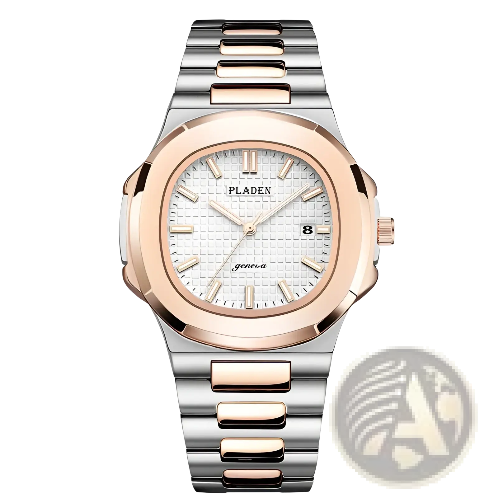A sleek two-tone stainless steel and rose gold pladen men’s luxury waterproof quartz watch with white textured dial and roman numerals
