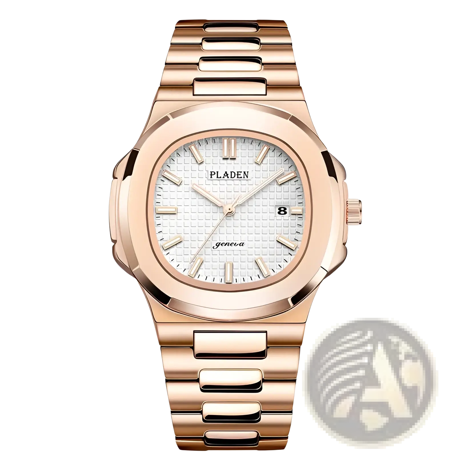 Pladen men’s luxury waterproof quartz watch with rose gold plating white textured dial and rectangular links