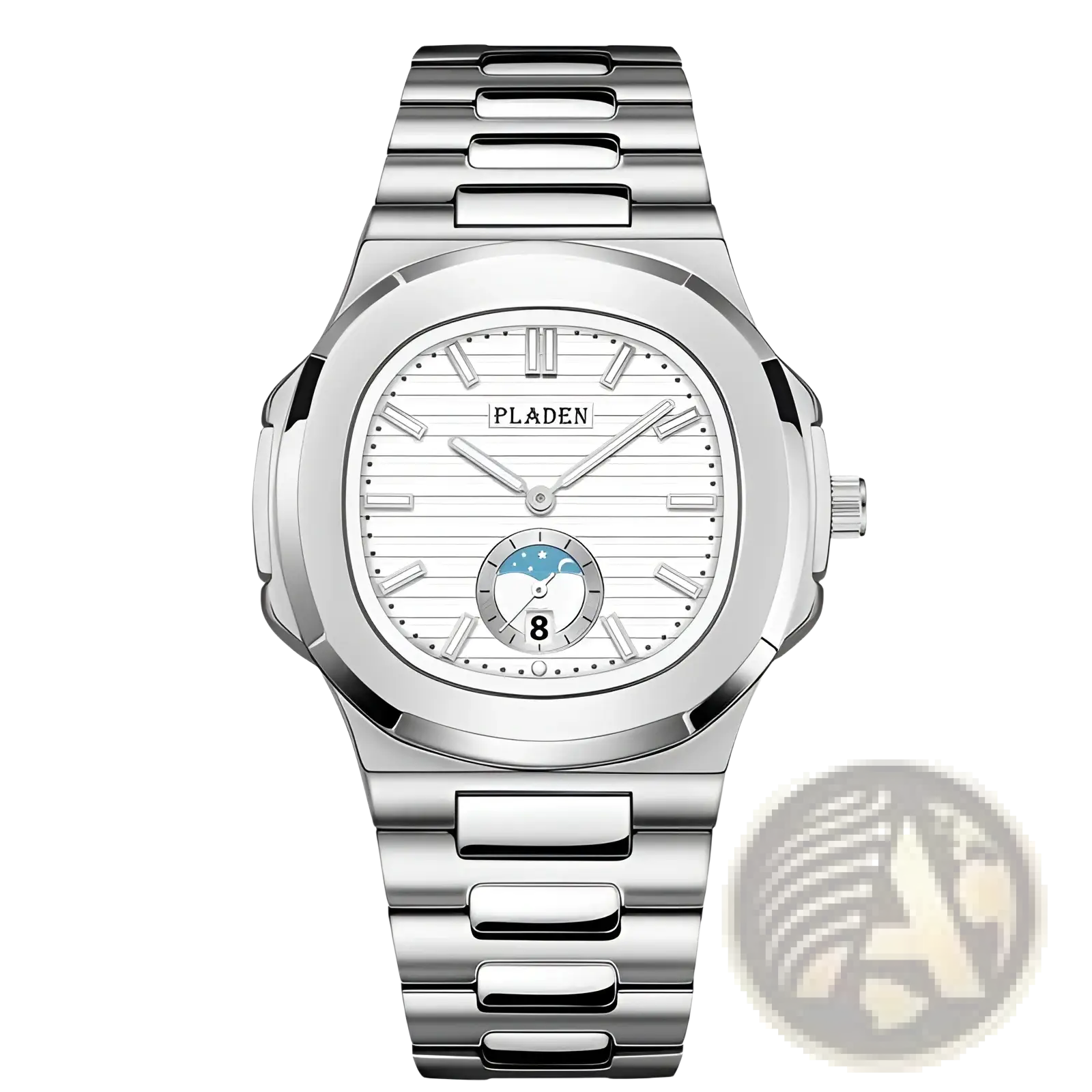 Pladen men’s luxury waterproof quartz watch with silver-toned stainless steel case white dial roman numerals and moon phase display