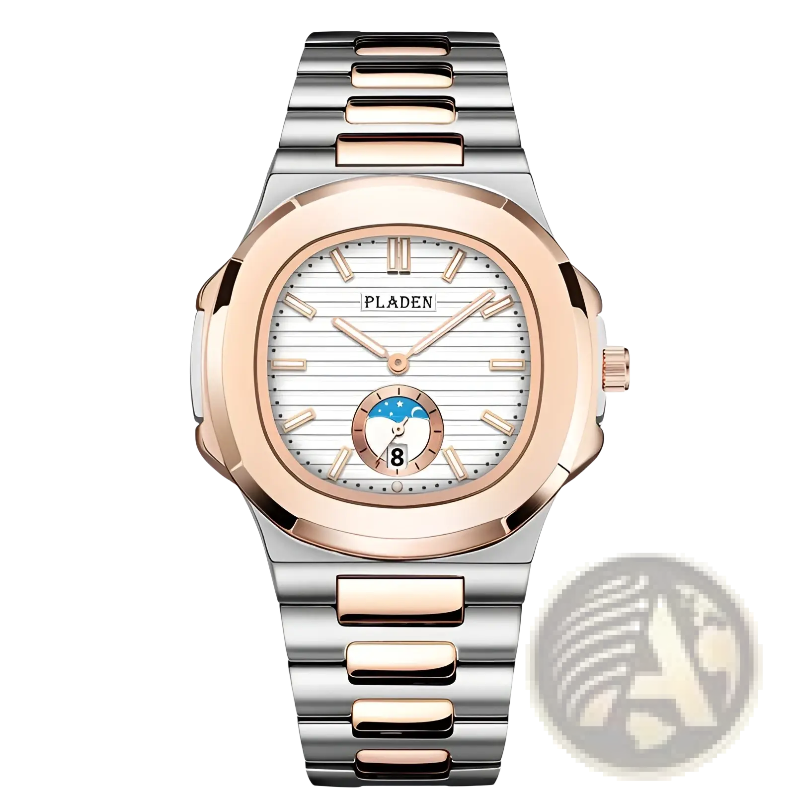 Pladen men’s luxury waterproof quartz watch with two-tone stainless steel and rose gold octagonal case and moon phase dial