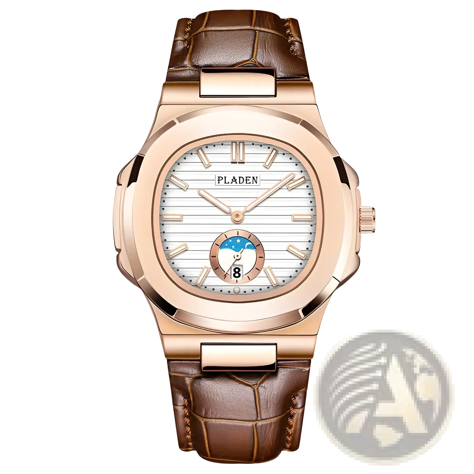 Pladen men’s luxury waterproof quartz watch with rose gold tone, white striped dial, moon phase, and brown crocodile strap