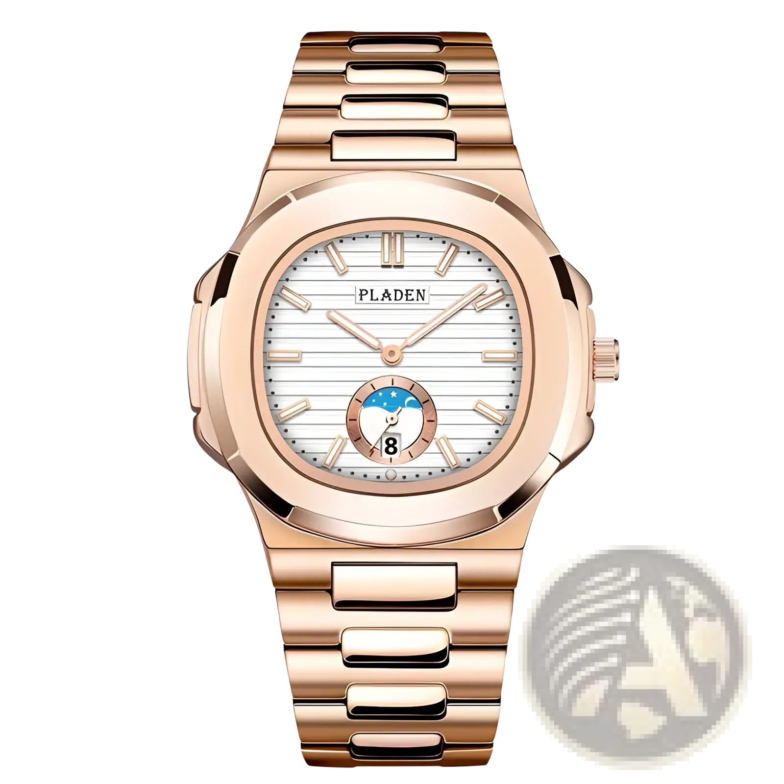 Pladen men’s luxury waterproof quartz watch rose gold-plated with white striped dial moon phase and roman numerals