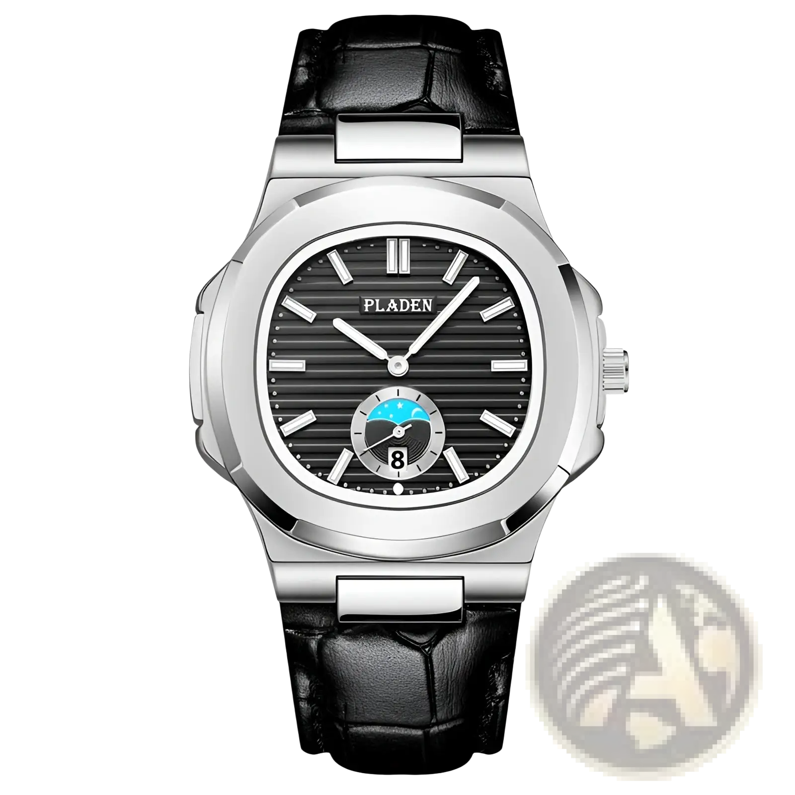 Pladen men’s luxury waterproof quartz watch with silver tone case black textured dial and black crocodile leather strap