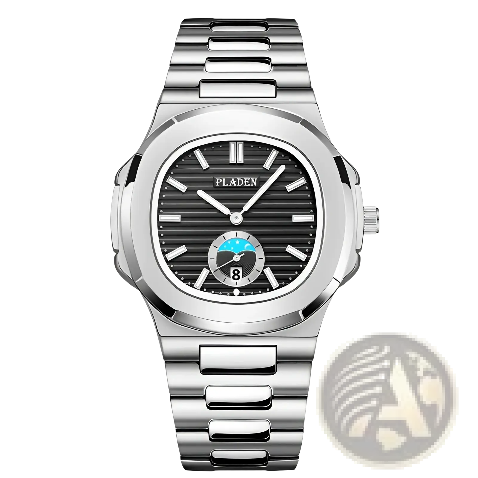 Pladen men’s luxury waterproof quartz watch with silver-toned stainless steel and black striped dial with date display