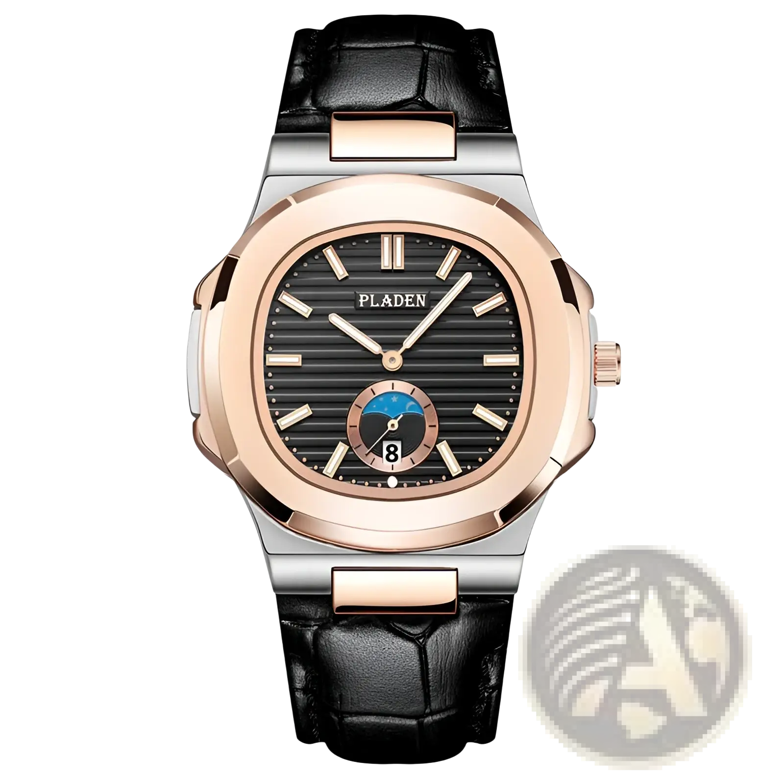 Pladen men’s luxury waterproof quartz watch with rose gold silver case black dial roman numerals and moon phase display