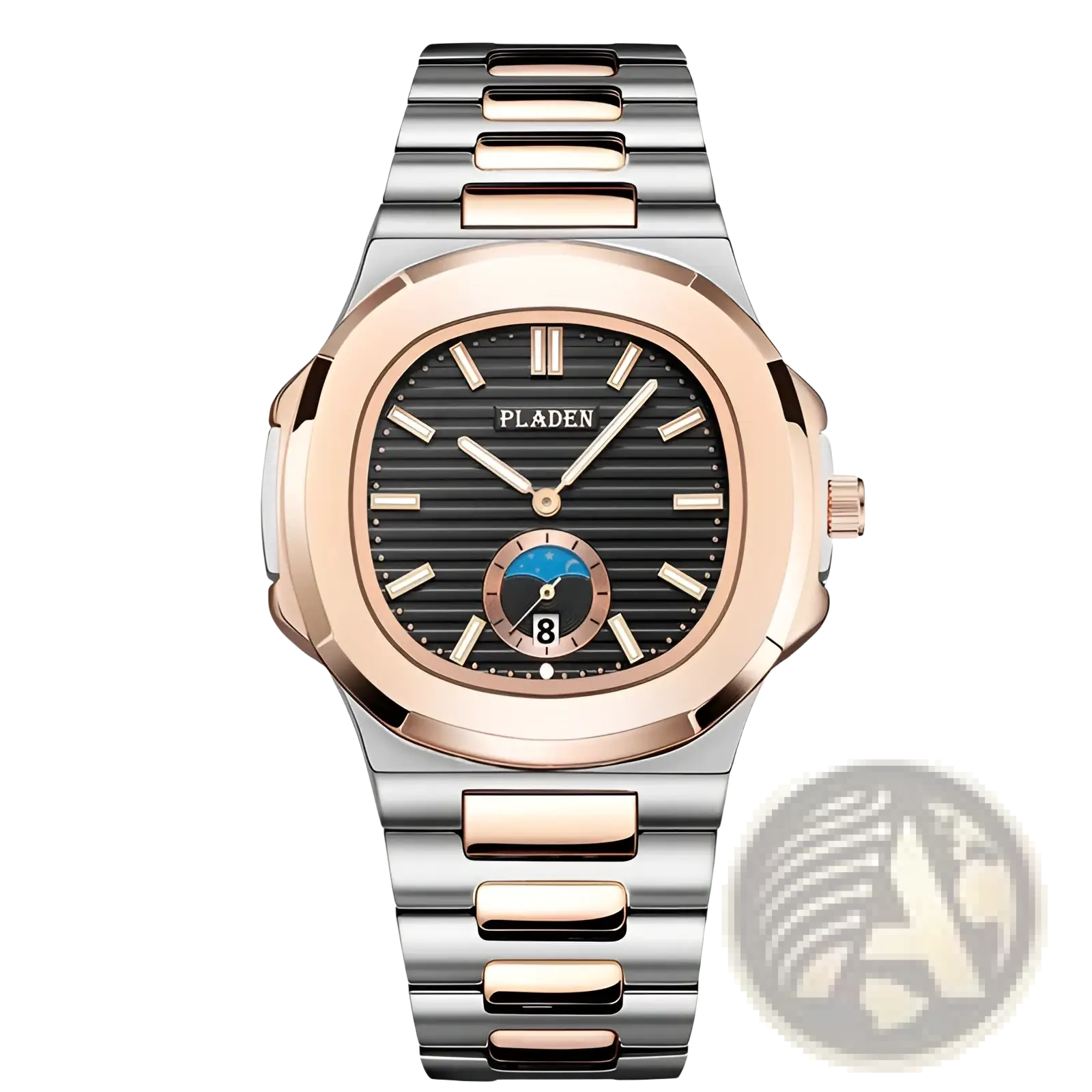 Pladen men’s luxury waterproof quartz watch with two-tone stainless steel, rose gold bezel, and black striped dial